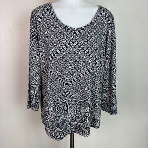 Lucky Brand Top XL Navy Blue White 3/4 Sleeve Boho Shirt Cotton Modal Blend